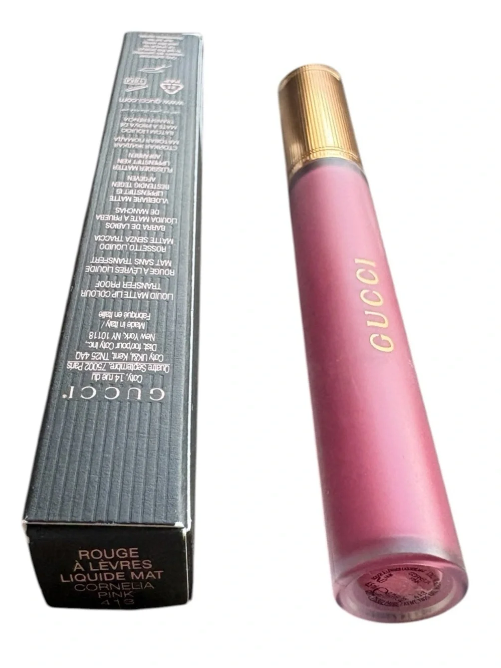 Gucci Liquid Matte Lipstick 413 Cornelia Pink Transfer Proof